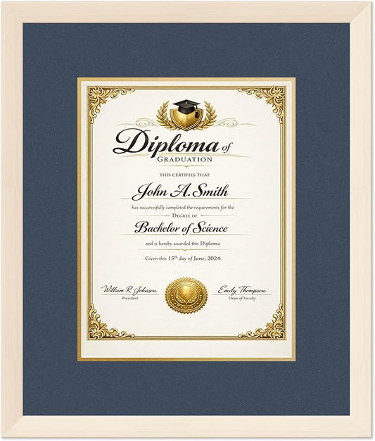 CountryArtHouse Diploma Frame Fits 10 x 13 College Diploma (Portrait Traditional) - Keepsake Gradua Coastal Whitewash Genuine Hardwood with Navy Blue Over Metallic Gold Double mat