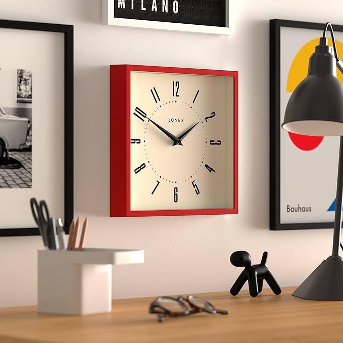 JONES CLOCKS® Box wall Clock | Retro Square | 10 inch | Red | Easy to Read Numbers | Perfect Kitchen or Office Clock