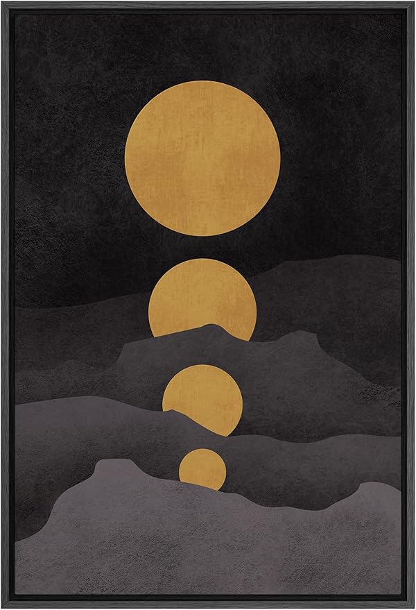 SIGNFORD Framed Canvas Print Wall Art Golden Moons in Dark Landscape Abstract Wilderness Illustrations Modern Art Contemporary Scenic for Living Room, Bedroom, Office - 16"x24" Black