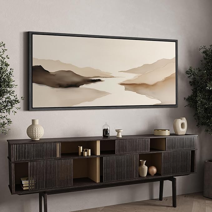 SIGNFORD Extra Large Framed Canvas Print Wall Art Abstract Neutral Mountain Lake Landscape Illustrations Modern Art Calm Warm for Living Room, Bedroom, Office - 60"x30"