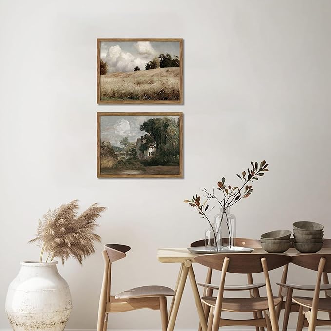 Framed Vintage Landscape Wall Art Set of 2, Rustic Farmhouse Field Canvas Wall Decor Paintings, Retro Nature Country Artwork Prints Pictures for Living Room Bedroom Home Decor 12x16 Inch