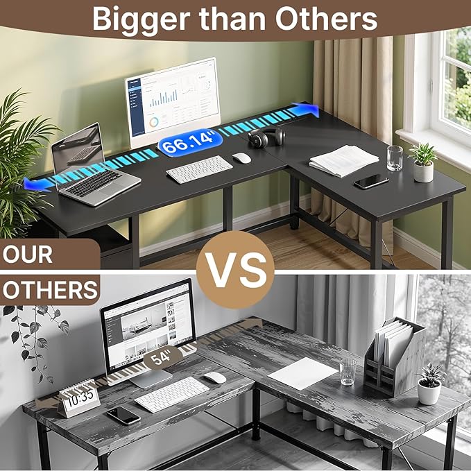 Gizoon 66" L Shaped Gaming Desk with Large Drawers, Reversible Corner Desk with Power Outlets & Moveable CPU Stand, Home Office Computer Desk, Black