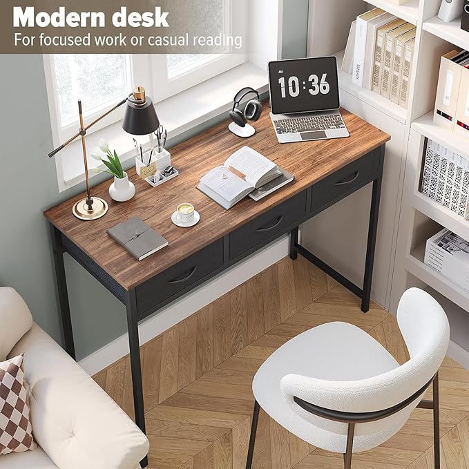WOHOMO Computer Desk with Drawers, 39.3 Inch Small Vanity Desk with Storage, Home Office Bedroom Desk for Small Spaces, Modern Work Writing Study Gaming Tables, Rustic Brown