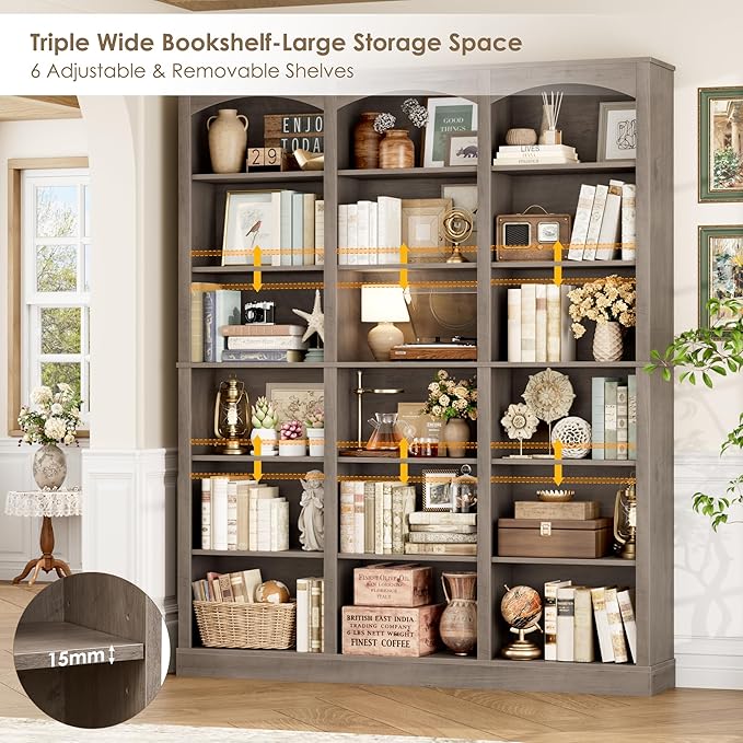 FACBOTALL 71" Triple Wide Bookshelf, 6 Tier Tall Bookshelf, Large Bookcase with Curved Baffle, 63.4" Wide Book Shelf with 18 Open Display Shelves for Living Room, Study, Gray