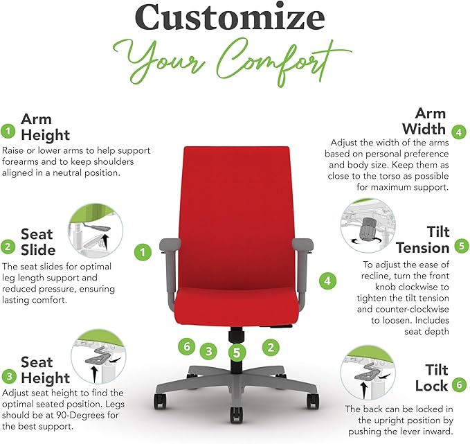 HON Ignition 2.0 Fabric Office Chair, Upholstered, Adjustable Arms, Standard Synchro-Tilt Recline Executive Ergonomic Office Chair, Titanium Frame, Ruby