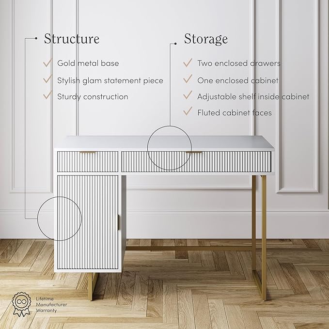 Nathan James Jacklyn White Modern Computer Desk, Workstation or Writing Desk for Small Spaces with Drawers and Cabinet Storage, White/Pale Gold