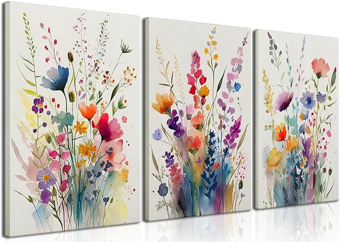 KISSFOX 3 Piece Colorful Flower Framed Wall Art Decor Watercolor Botanical Wildflower Pictures Paintings Wall Decor Modern Minimalist Floral Canvas Art Prints Artwork For Bedroom Living Room Bathroom