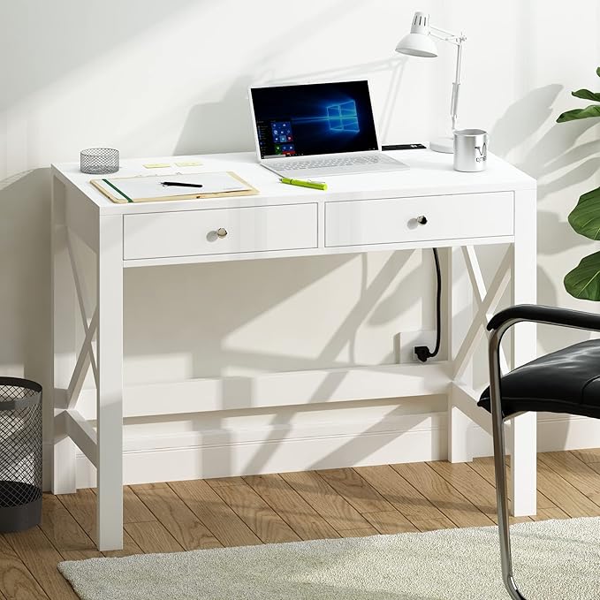 ChooChoo Computer Desk with USB Charging Ports and Power Outlets, Modern Simple 40 Inches Desk with Drawers, Makeup Vanity Console Table, White