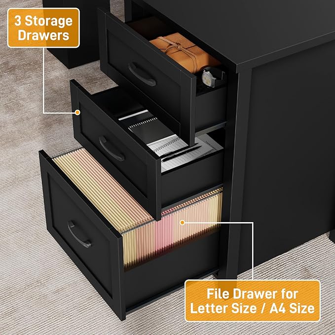 Vabches Farmhouse 68" H L Shaped Desk with Hutch,Office Table with 3 Drawers and Sliding Doors, Wood Executive Desk with File Drawers and Charging Station, Workstation for Study and Home Office