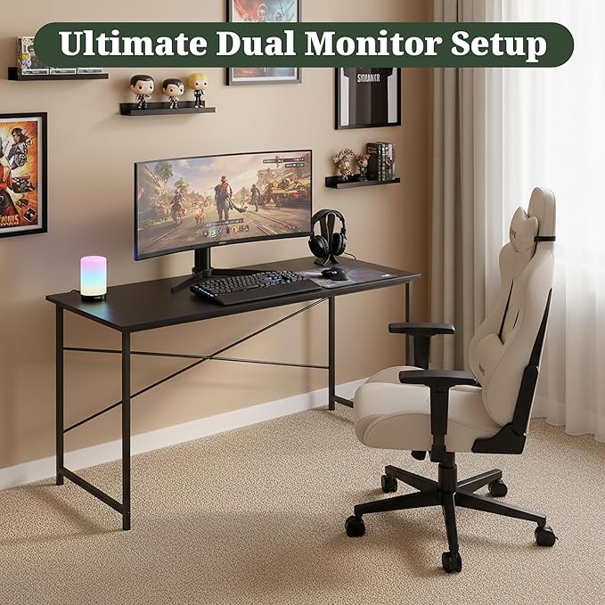 Computer Desk 55 Inch, Simple Home Office Desk Study Writing Table, Sturdy Metal Frame, Scratch-Resistant MDF Desktop for Bedroom Dorm Workspace, Black