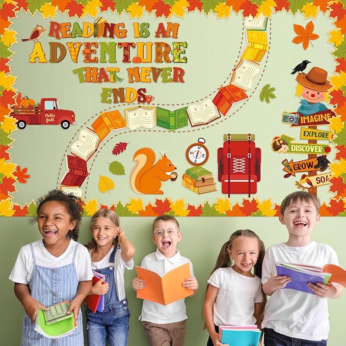 Pasimy 59 Pcs Fall Thanksgiving Reading Bulletin Board Fall Reading is an Adventure Bulletin Board Classroom Decoration Maple Leaves Paper Cutouts for Autumn Thanksgiving Chalkboard Wall Decor(Road)