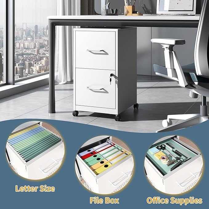 2 Drawer File Cabinet on Wheels, Mobile Filing Cabinets with Lock, Metal Storage Cabinet, Vertical Filing Cabinets for Home Office, Rolling File Cabinets for Under Desk,Amssebly Required,White