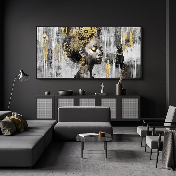 KLAKLA Black Wall Art - African American Black Girl Wall Art Colorful Black African Woman Black and Gold Picture Framed Wall Decor for Living Room Bedroom Home Decoration