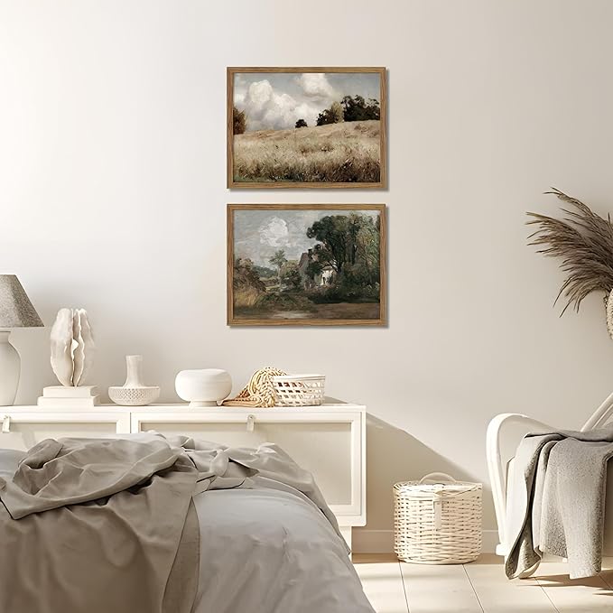 Framed Vintage Landscape Wall Art Set of 2, Rustic Farmhouse Field Canvas Wall Decor Paintings, Retro Nature Country Artwork Prints Pictures for Living Room Bedroom Home Decor 12x16 Inch