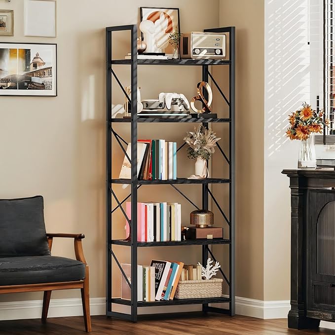 DWVO 5 Tier Bookshelf 2 Pack, Black Bookcase Storage Organizer, Modern Book Shelf Storage Rack Shelves for Bedroom, Living Room, Home Office, Black