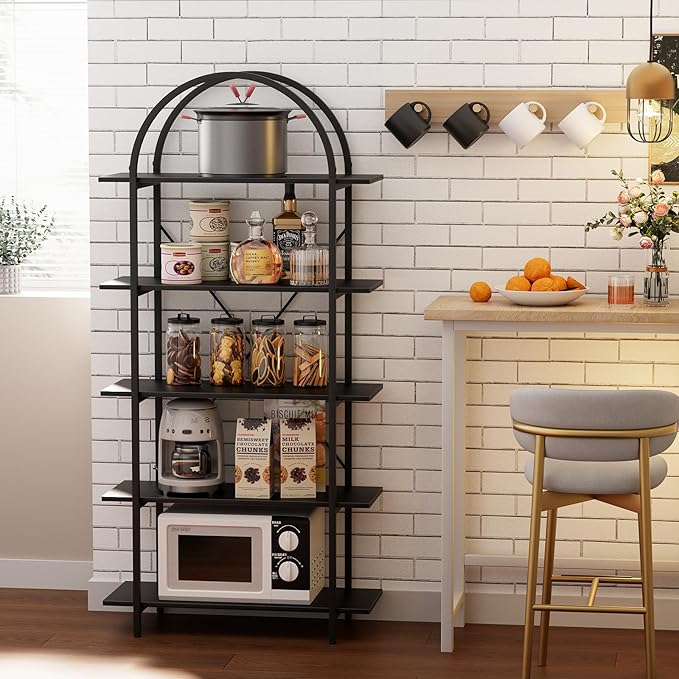 Arched Bookshelf 5 Tier Book Shelf, 31.5 Inch Width Industrial Arch Bookcase, Curved Tall Bookshelf with Open Shelves for Home Office, Living Room, Bedroom, Black