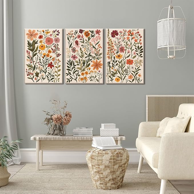 KISSFOX 3 Piece Boho Floral Canvas Wall Art For Bedroom Cottagecore Wild Flower Wall Art Colorful Nature Modern Botanical Art Prints For Nursery Living Room,12x16 in