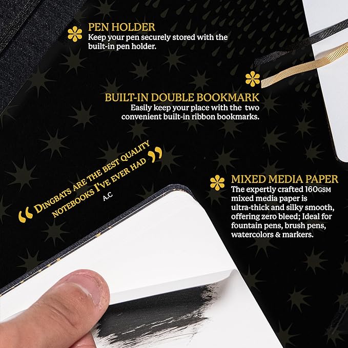 Dingbats* Pro Dotted Large B5 Notebook - Black Textile Cover, Thread-Bound Writing Journal - for Work, Travel - Pocket, Elastic Closure, Bookmark