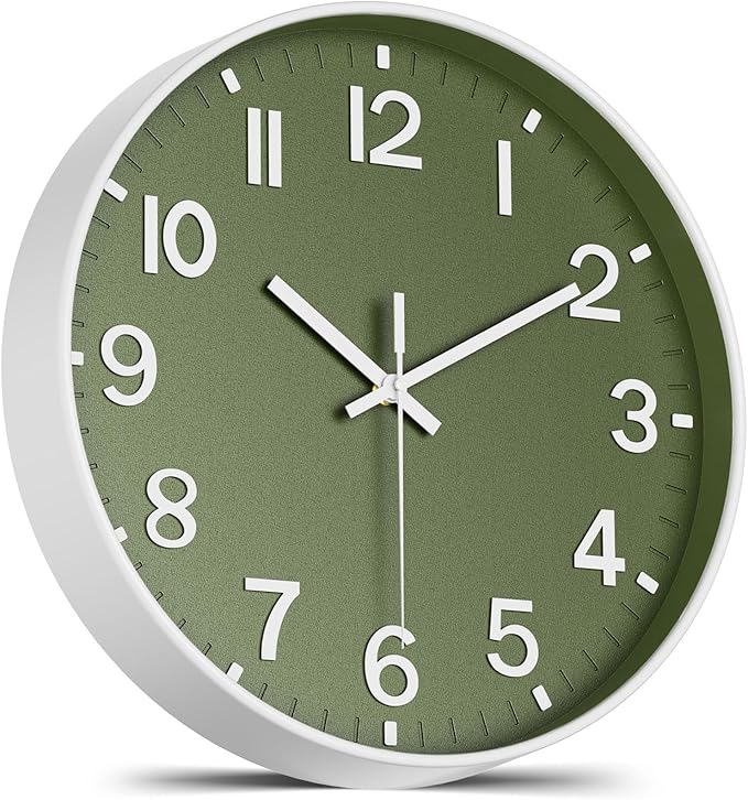 Silent Wall Clock Non-Ticking Battery Operated – Modern Olive Green Analog Wall Clock for Living Room, Kitchen, Office, Bedroom – Stylish Home Wall Decor Clock, 12 Inch