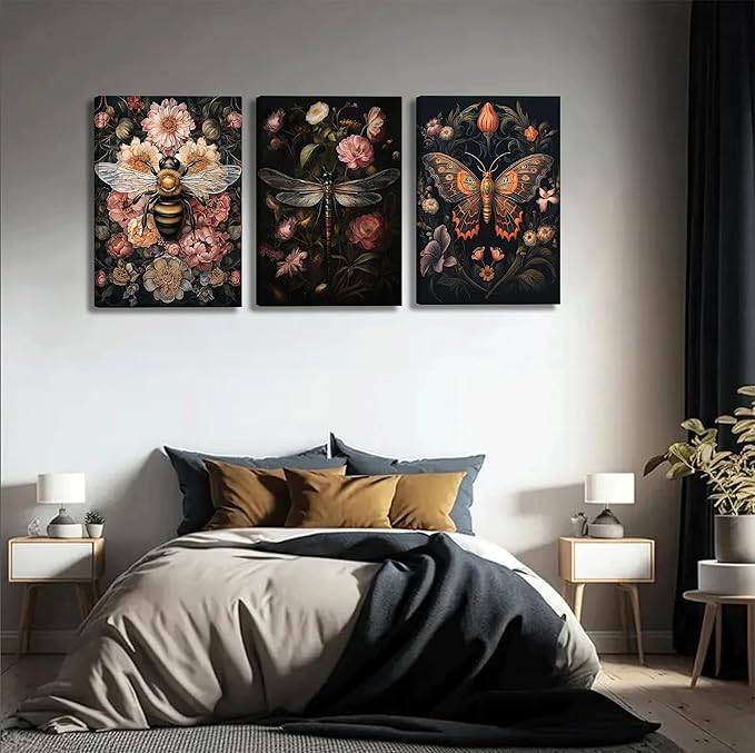 3pcs Dark Floral Canvas Wall Art Vintage Butterfly Dragonfly Bee Painting Picturts Wall Decor Gothic Dark Academia Aesthetic Posters Print Artwork for Bedroom Living Room Home Decoration 16x24in