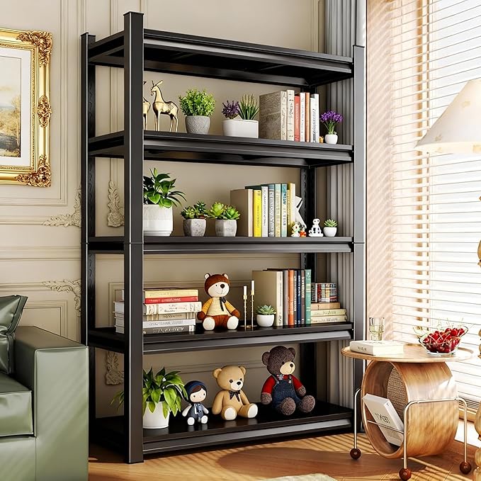 40" W*78" H Book Shelf，5 Tier Metal Wide Bookshelf，Heavy Duty Book Shelfs，Adjustable Shelving Unit，Tall Bookcase，Industrial Bookshelf for Living Room，Bedroom，Office and Library