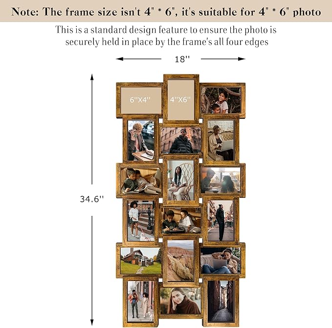 J.M.Deco Collage Picture Frames for Wall Decor, 18-Opening Family Picture Frame Set, One-Piece Photo Frames for Living Room, Bedroom, Gallery, Retro Gold