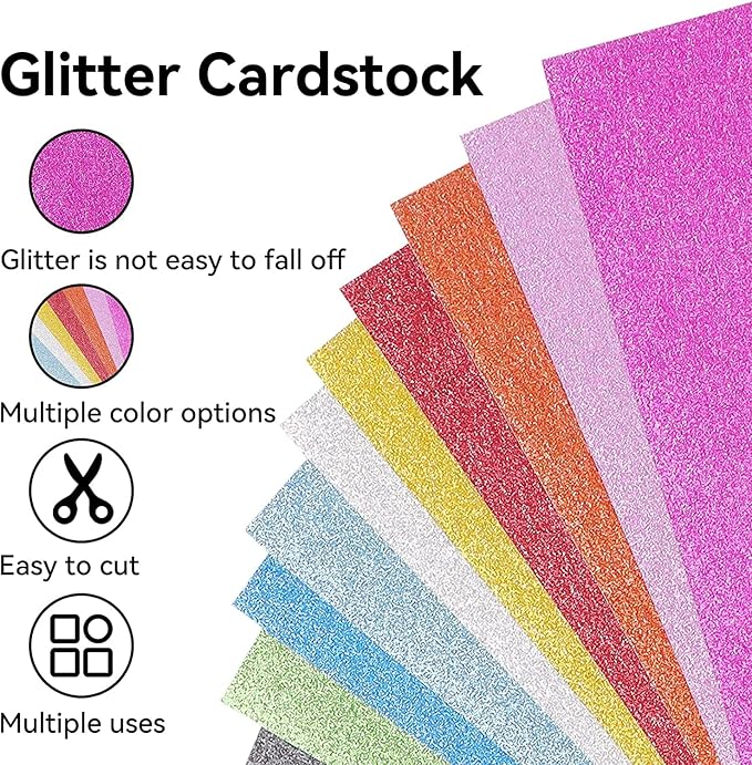 200Sheets Glitter Cardstock 12" x 12", Colored Cardstock Paper for Cricut, 20Colors Thick Card Stock for Card Making, Scrapbooking, Craft, Christmas Decorations, Holiday Party Supplies