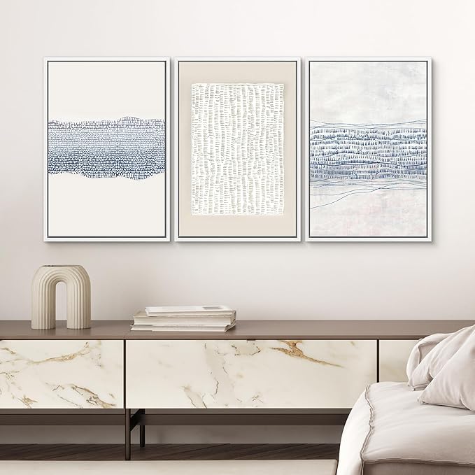 SIGNWIN Framed Canvas Print Wall Art Set Blue White Grunge Geometric Pattern Abstract Shapes Cozy Neutral Modern Art Decorative Contemporary Minimal for Living Room, Bedroom, Office - 16"x24"x3 White