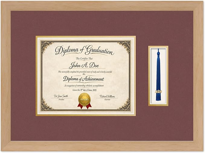 Diploma Frame with Tassel Holder Natural Wood Shadowbox Dark Red Over Gold Mat - Fits 10 x 8 Degree Made in the USA