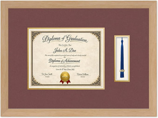 Diploma Frame with Tassel Holder Natural Wood Shadowbox Dark Red Over Gold Mat - Fits 10 x 8 Degree Made in the USA