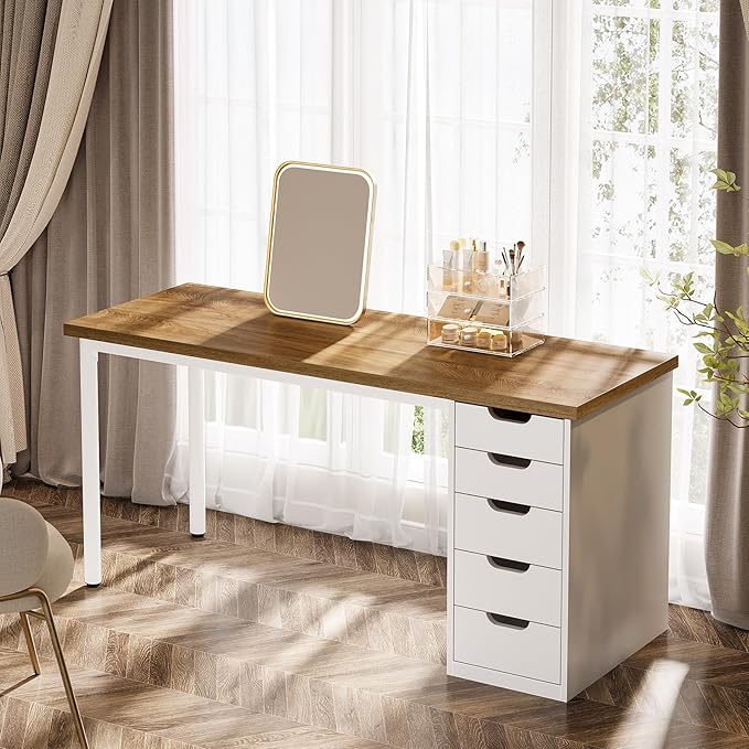 Tribesigns Modern Simple Computer Desk, 47 Inches PC Desk with 5 Reversible Drawers, Rustic Brown Study Writing Table Workstation for Home Office Small Spaces (Walnut+White)