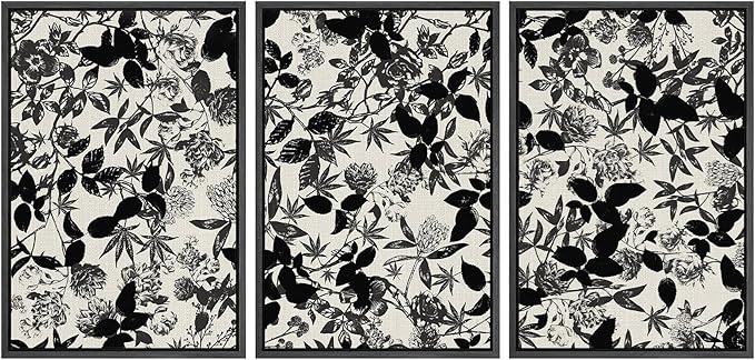 SIGNWIN Framed Canvas Print Wall Art Set Black and White Botanical Collage Monochrome Floral and Leaf Illustrations Modern Art Decorative Abstract for Living Room, Bedroom, Office - 24"x36"x3 Black