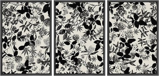 SIGNWIN Framed Canvas Print Wall Art Set Black and White Botanical Collage Monochrome Floral and Leaf Illustrations Modern Art Decorative Abstract for Living Room, Bedroom, Office - 24"x36"x3 Black