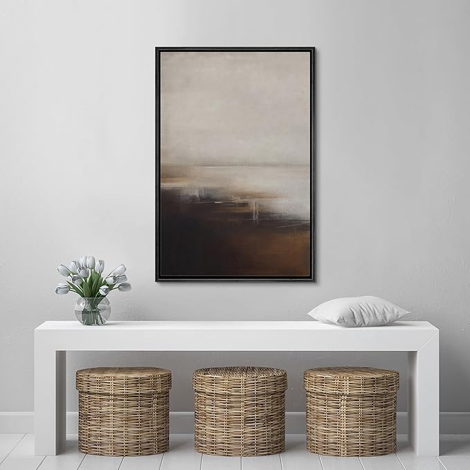 SIGNFORD Framed Canvas Print Wall Art Neutral Abstract Coastal Landscape Soft Brown and Beige Hues Illustrations Modern Art Decorative Relax/Calm for Living Room, Bedroom, Office - 24"x36" Black