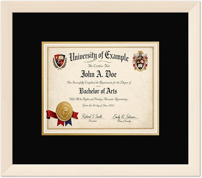 CountryArtHouse Diploma Frame Fits 10 x 8 Professional License - Keepsake Graduation Display Coastal Whitewash Genuine Hardwood with Black Over Metallic Gold Double mat
