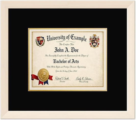 CountryArtHouse Diploma Frame Fits 10 x 8 Professional License - Keepsake Graduation Display Coastal Whitewash Genuine Hardwood with Black Over Metallic Gold Double mat