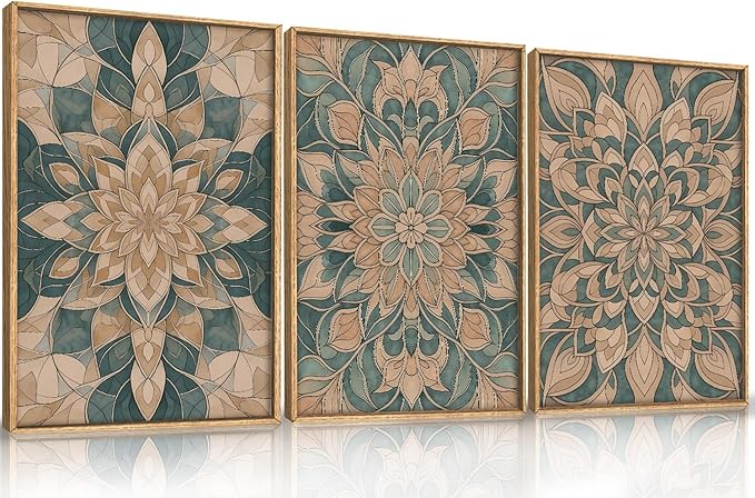 HLNIUC Mandala Boho Framed Canvas Wall Art, Vintage Green Abstract Flower Decor, Scandinavian Botanical Artwork Set of 3(16x24), Southwestern Mexican Bohemian Prints for Living Room, Bedroom, Office
