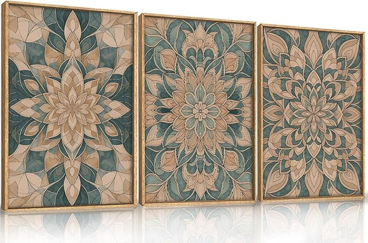 HLNIUC Mandala Boho Framed Canvas Wall Art, Vintage Green Abstract Flower Decor, Scandinavian Botanical Artwork Set of 3(24x36), Southwestern Mexican Bohemian Prints for Living Room, Bedroom, Office