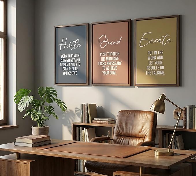 3pcs Inspirational Quotes Canvas Wall Art Hustle Execute Success Quotes Posters Prints Uplifting Motivational Positive Office Wall Decor Pictures for Living Room Bedroom Man Cave Decorations unframed