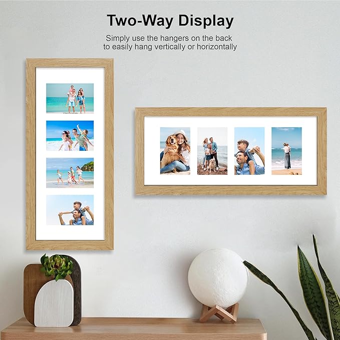 8x20 Picture Frame Set of 2, Natural Oak Wood Frame with Tempered Glass Collage Frame, Display Pictures Four 4x6 With Mat or 8 x 20 Without Mat - Horizontal or Vertical Wall Mounting