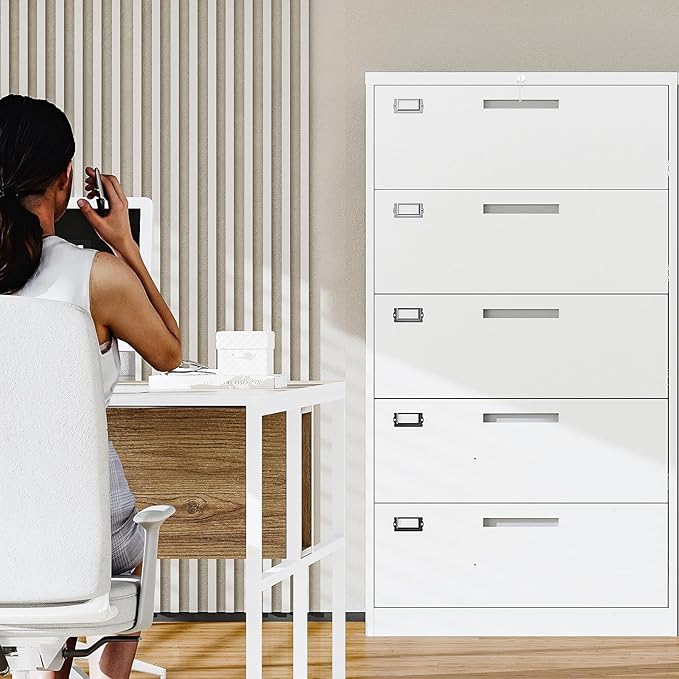 5 Drawer Lateral File Cabinet with Lock, Metal Filing Cabinets for Home Office, Wide Locking File Caninets, White Office Storage Cabnet for Hanging Letter/Legal / A4 / F4 - Assembly Required