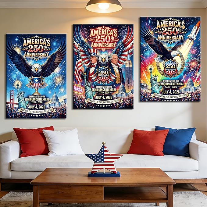 DINGFUN USA 250th Anniversary Wall Decor, America 250 Semiquincentennial 3 Panel Framed Canvas Art, 1776-2026 Patriotic Eagle and Statue of Liberty Large Artwork for Hallway, 60x28 Inch
