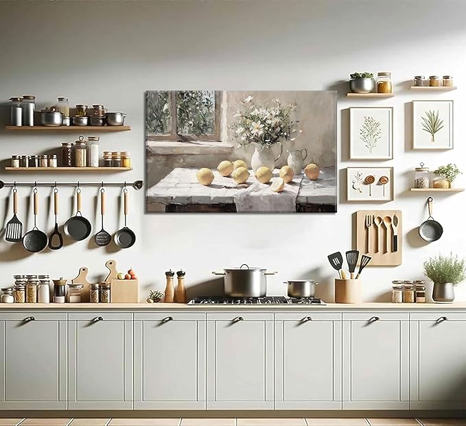 Vintage Kitchen Wall Art Yellow Lemon Still Life Pictures Daisy oil Painting Poster Rustic Farmhouse Artwork Posters White vase Canvas Bedroom Bathroom Wall Decor Kitchen Prints unframe 16x32in