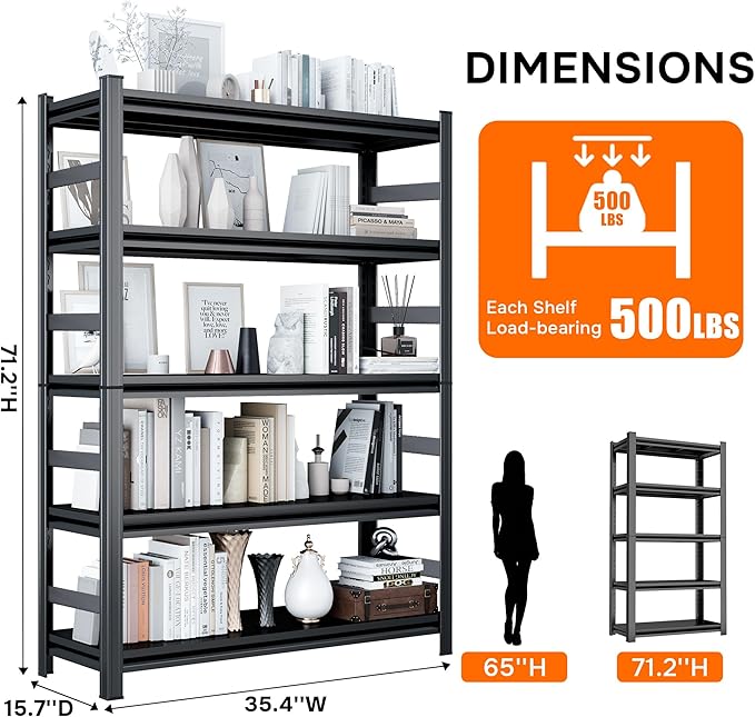 5 Tier Bookshelf, Tall Bookcase Shelf Storage Organizer, Modern Book Shelf for Bedroom, Living Room and Home Office, Vintage,35.4Wx15.7Dx71.2H