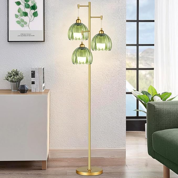 Gold Floor Lamps for Living Room Bedroom-3 Light Glass Floor Lamp with Three Led Bulb, Rustic Tall Floor Lamp Gold Standing Lamp Tree Floor Lamps for Living Room Bedroom,Office,Corner