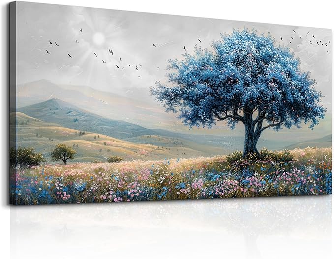 KELIYUAN Farmhouse Wall Art For Dining Room Canvas Wall Decor For Bedroom Office Modern Field Scenery Wall Painting Blue Trees Pictures Aesthetic living room Home Decor Posters Artwork 20x40 In