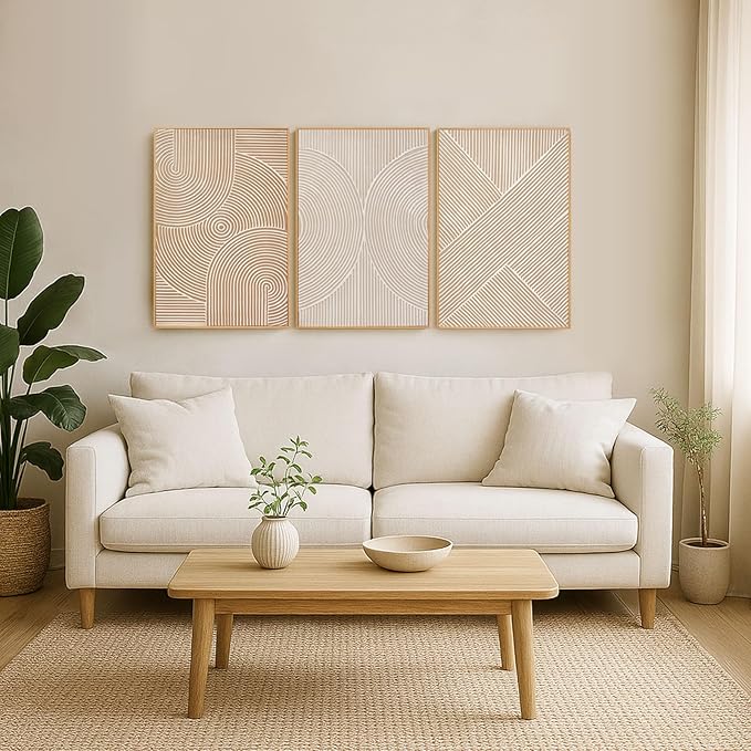 Zessonic Neutral Minimalist Textured 3D Wall Art Abstract Hand-Painted Framed Wall Decor Geometric Artwork Canvas Paintings- Living Room Bedroom Office - Modern Boho Neutral Line 16"x24" 3 piece