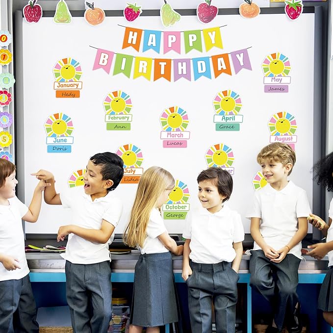 JarThenaAMCS 85Pcs Happy Birthday Bulletin Board Set Colorful Sun Calendar Poster Cartoon Cute Classroom Birthday Chart for Back to School Nursery Wall Decorations