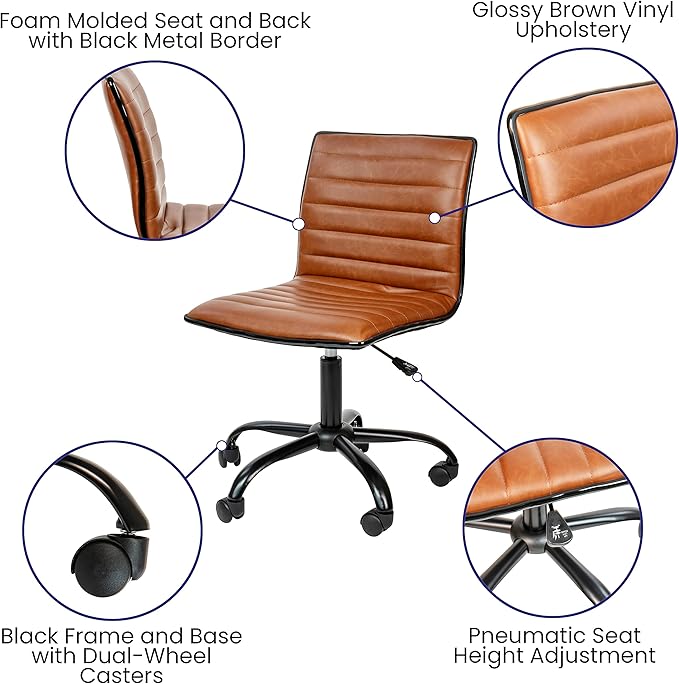 Flash Furniture Alan Low-Back Ribbed Upholstered Vinyl Swivel Desk Chair with Padded Seat, Modern Adjustable Height Padded Office Chair, Brown