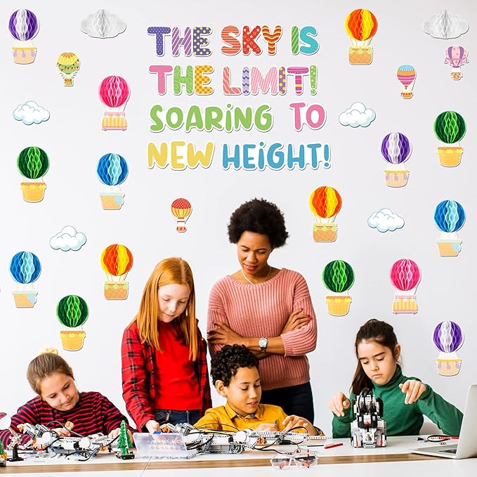 Crtiin 3D Hot Air Balloon Honeycomb Bulletin Board Set for School Classroom Decoration, Balloon Artcraft Cutouts with Honeycomb for Back to School Kindergarten Decor The Sky Is The Limit (Cute)